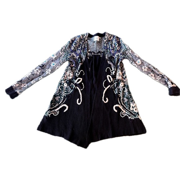 Free People Bohemian Floral Embroidered Cardigan Sweater Black XS - Picture 1 of 11